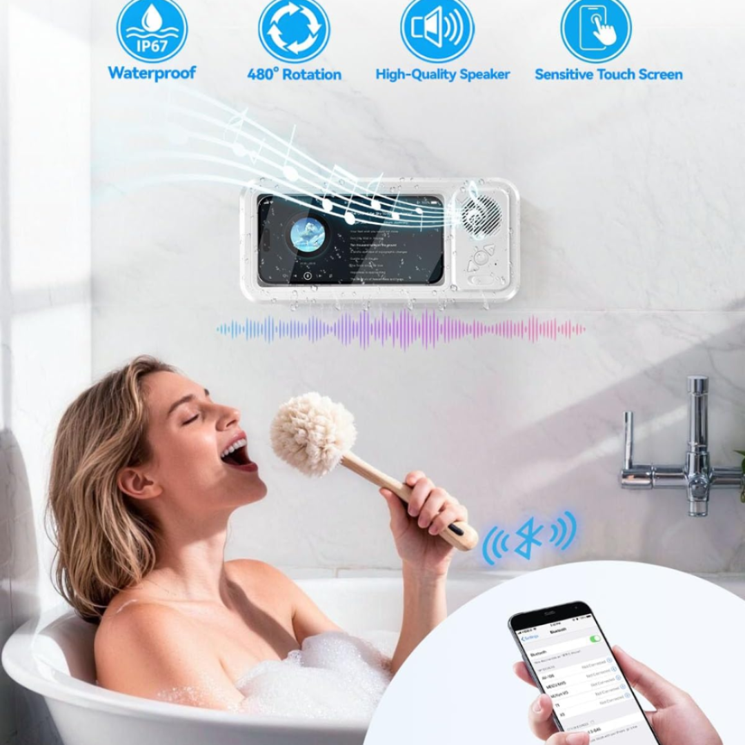 Soporte de ducha para móvil con altavoz y bluetooth